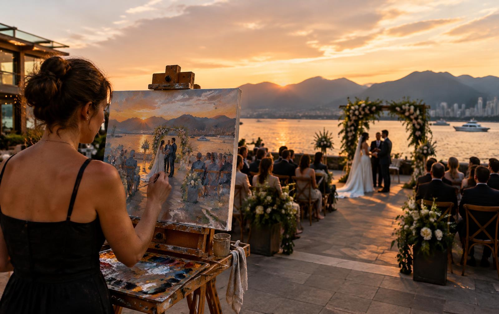 Jacqueline Turner live painting a waterfront wedding in Vancouver
